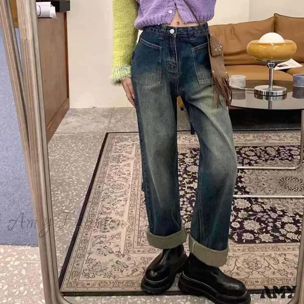 Amy Fashion - Fashion Straight Women Pant Woman High Waist Denim Pants Wide Leg Denim Clothing Blue Vintage Quality Jean