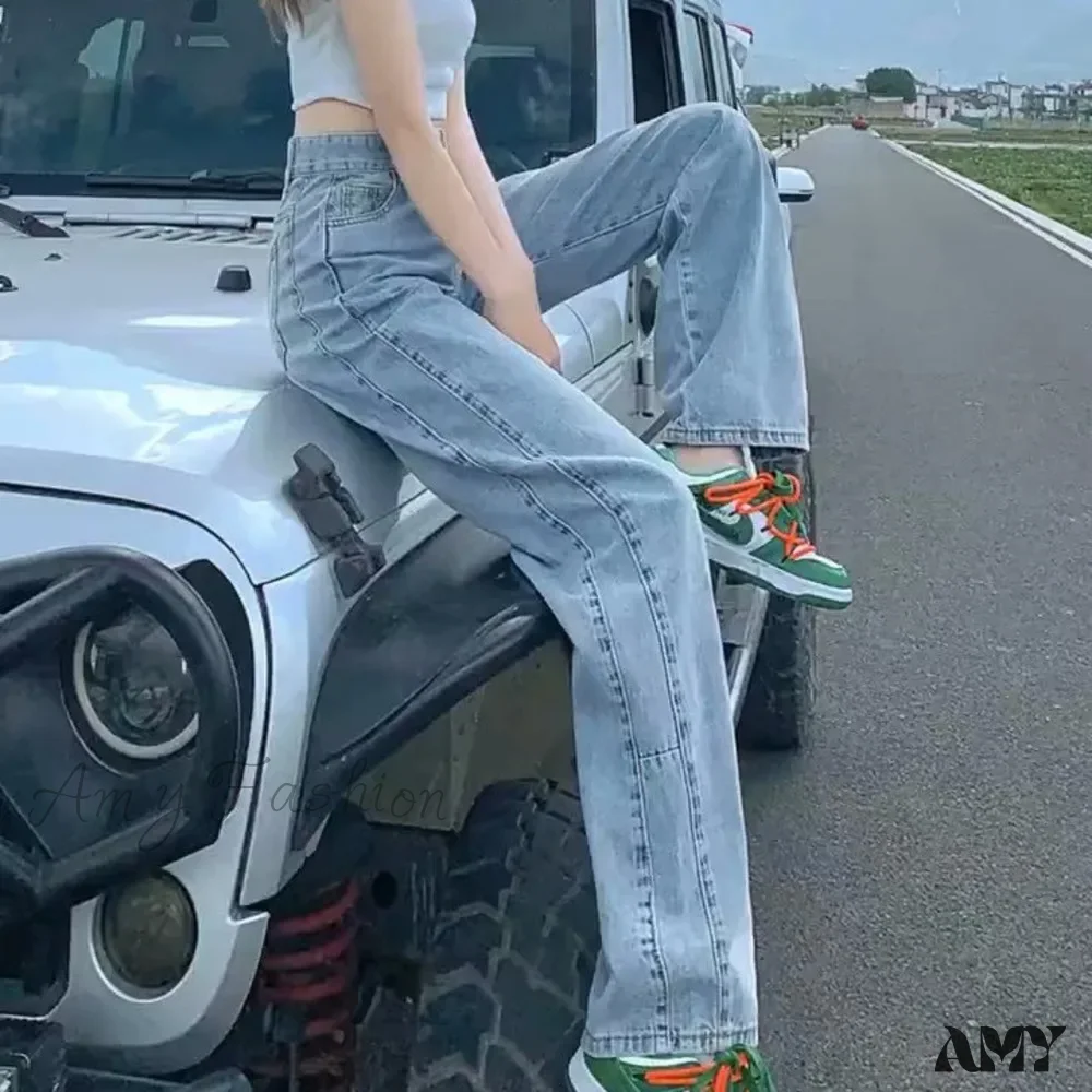 Amy Fashion - Fashion Straight Women Pant Woman High Waist Denim Pants Wide Leg Denim Clothing Blue Vintage Quality Jean