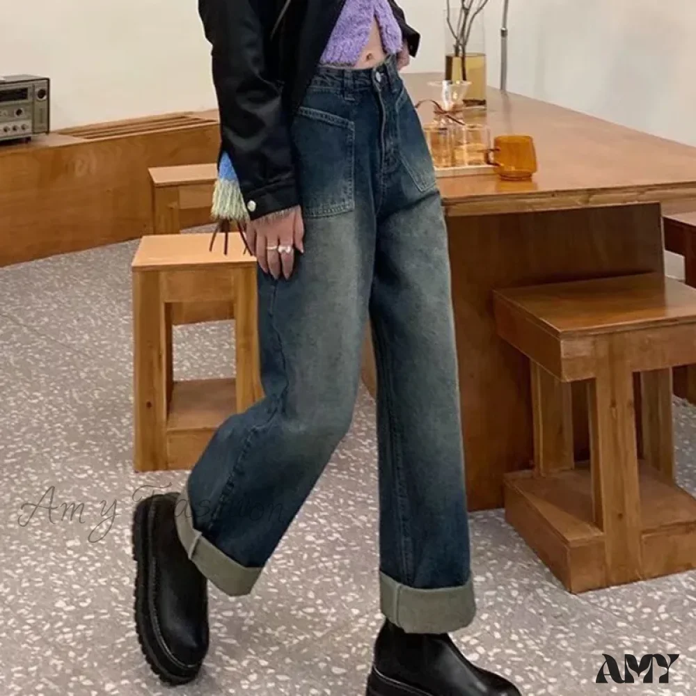 Amy Fashion - Fashion Straight Women Pant Woman High Waist Denim Pants Wide Leg Denim Clothing Blue Vintage Quality Jean - Image 2