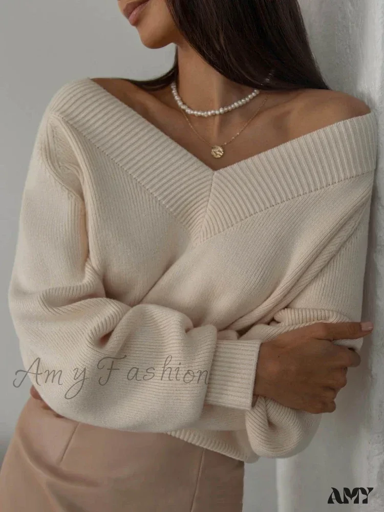 Fashion Woman Winter 2024 Vintage Oversize Female Knitted Top V-neck Long Sleeve Cozy Chic Autumn Sweater - Image 2