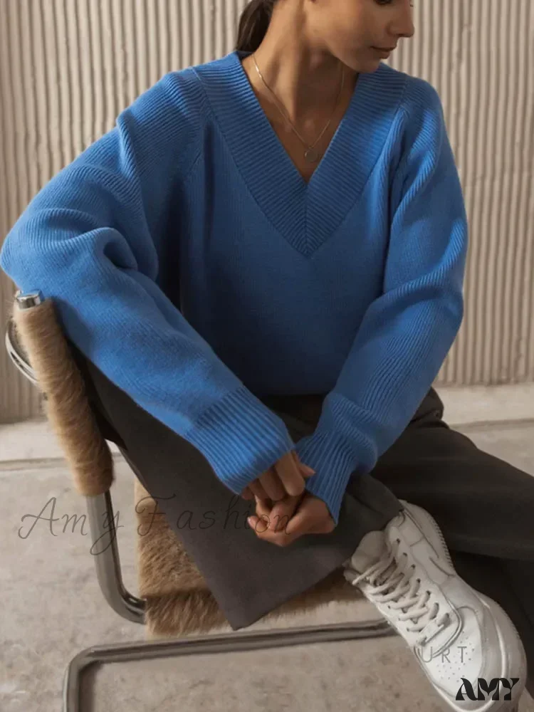 Fashion Woman Winter 2024 Vintage Oversize Female Knitted Top V-neck Long Sleeve Cozy Chic Autumn Sweater - Image 3
