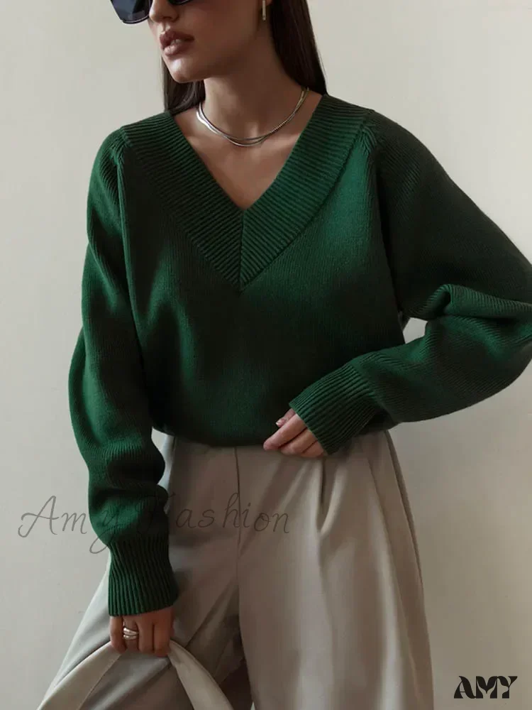 Fashion Woman Winter 2024 Vintage Oversize Female Knitted Top V-neck Long Sleeve Cozy Chic Autumn Sweater - Image 4
