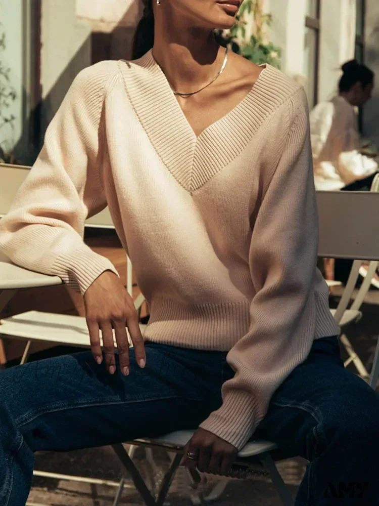 Fashion Woman Winter 2024 Vintage Oversize Female Knitted Top V-neck Long Sleeve Cozy Chic Autumn Sweater - Image 5