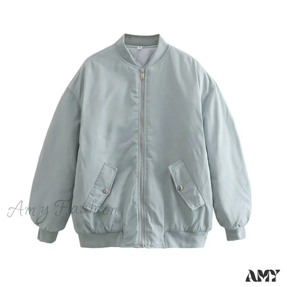 Amy Fashion - Fashion Zipper Loose Green Bomber Varsity Coat - Image 10