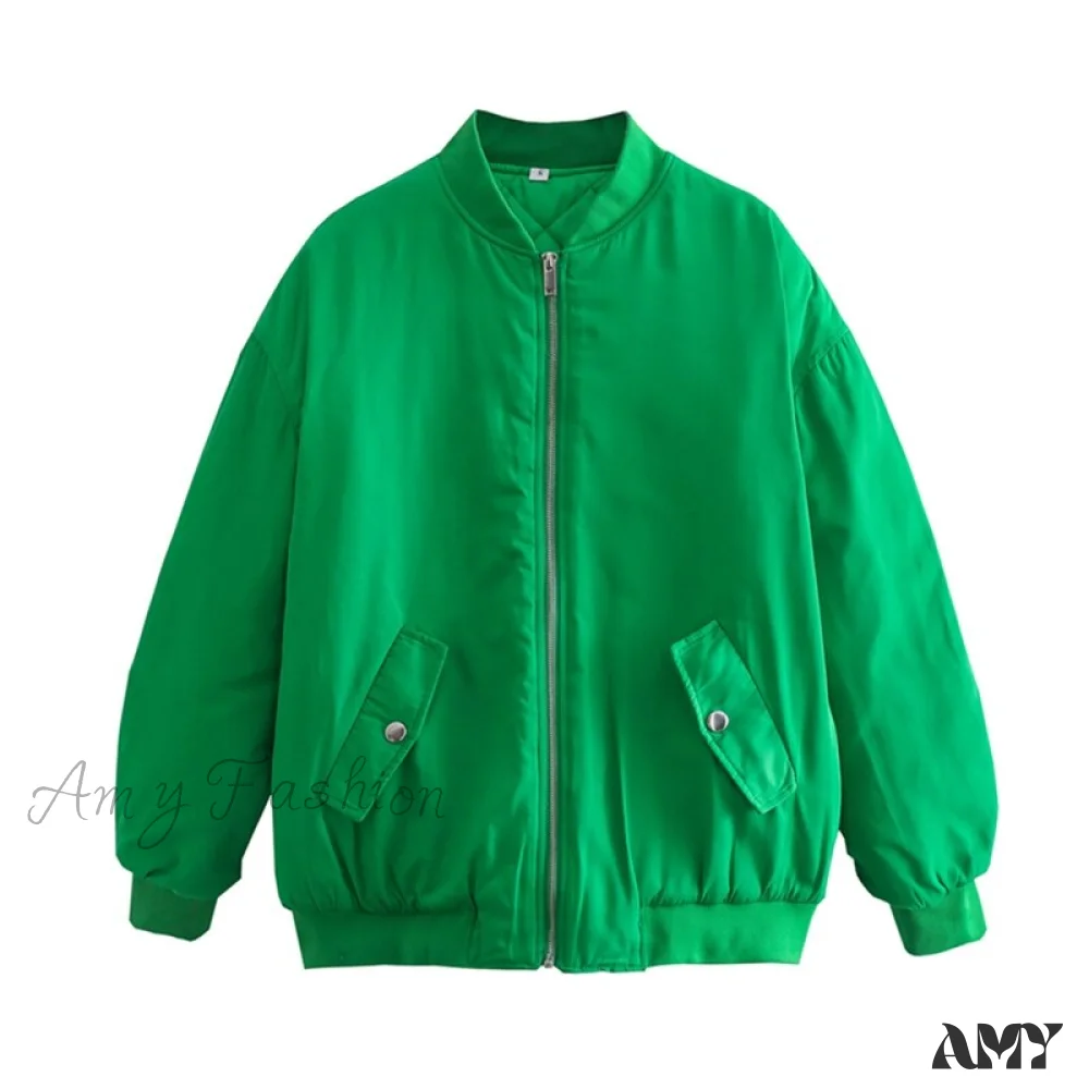 Amy Fashion - Fashion Zipper Loose Green Bomber Varsity Coat - Image 11