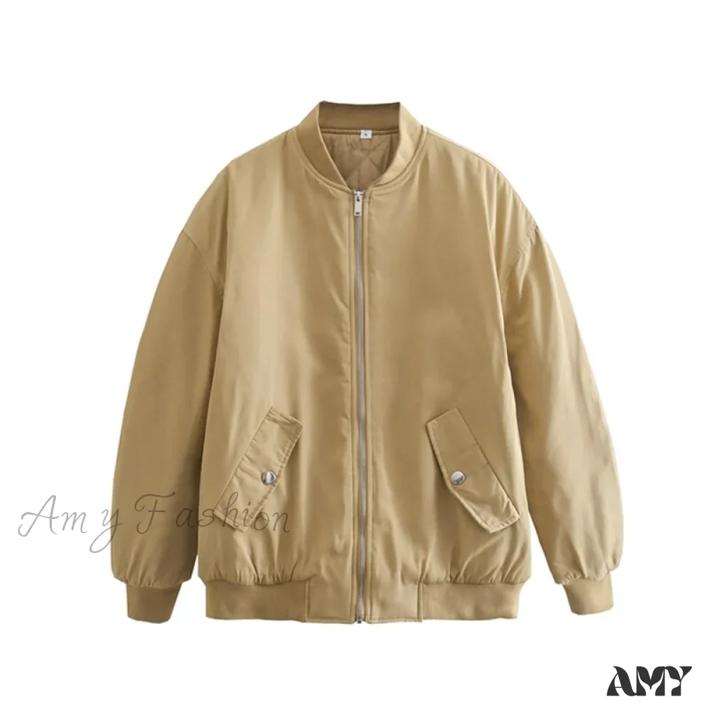 Amy Fashion - Fashion Zipper Loose Green Bomber Varsity Coat - Image 12