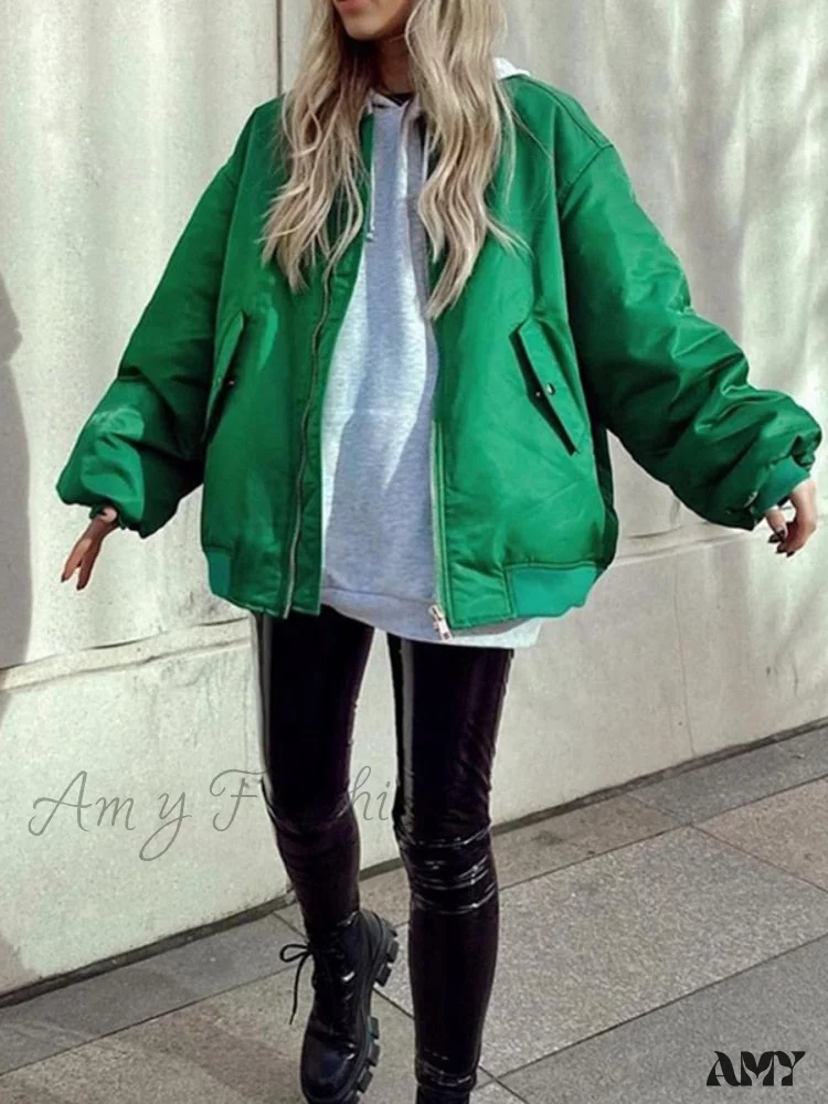 Amy Fashion - Fashion Zipper Loose Green Bomber Varsity Coat - Image 3