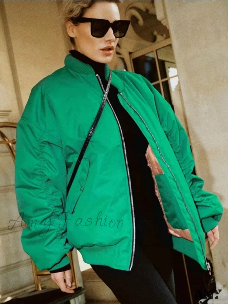 Amy Fashion - Fashion Zipper Loose Green Bomber Varsity Coat - Image 4