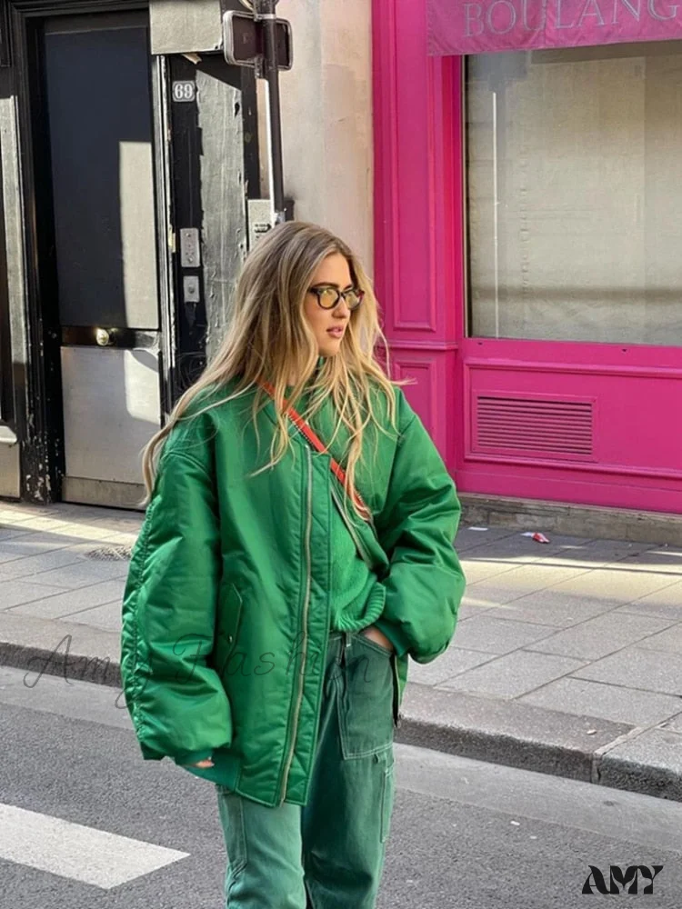 Amy Fashion - Fashion Zipper Loose Green Bomber Varsity Coat - Image 5