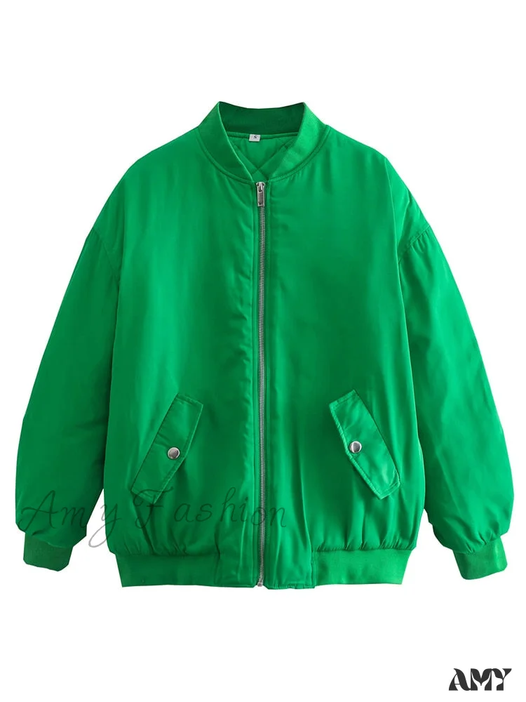 Amy Fashion - Fashion Zipper Loose Green Bomber Varsity Coat - Image 6