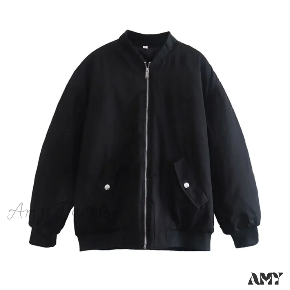 Amy Fashion - Fashion Zipper Loose Green Bomber Varsity Coat - Image 8