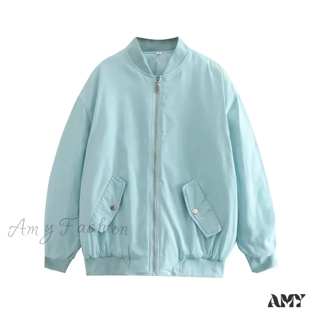 Amy Fashion - Fashion Zipper Loose Green Bomber Varsity Coat - Image 9