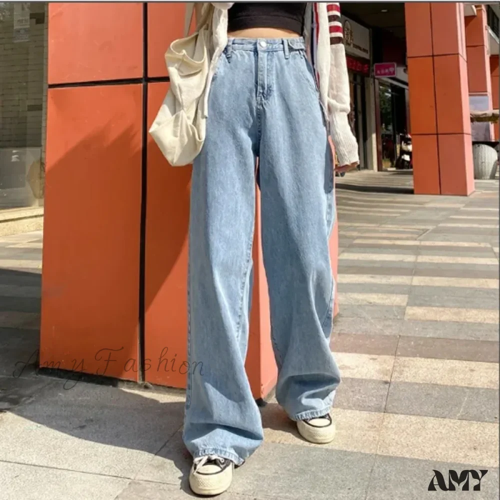 Amy Fashion - Fashionable Blue Vintage Quality High-Waisted Denim Straight Casual Floor Length Jean
