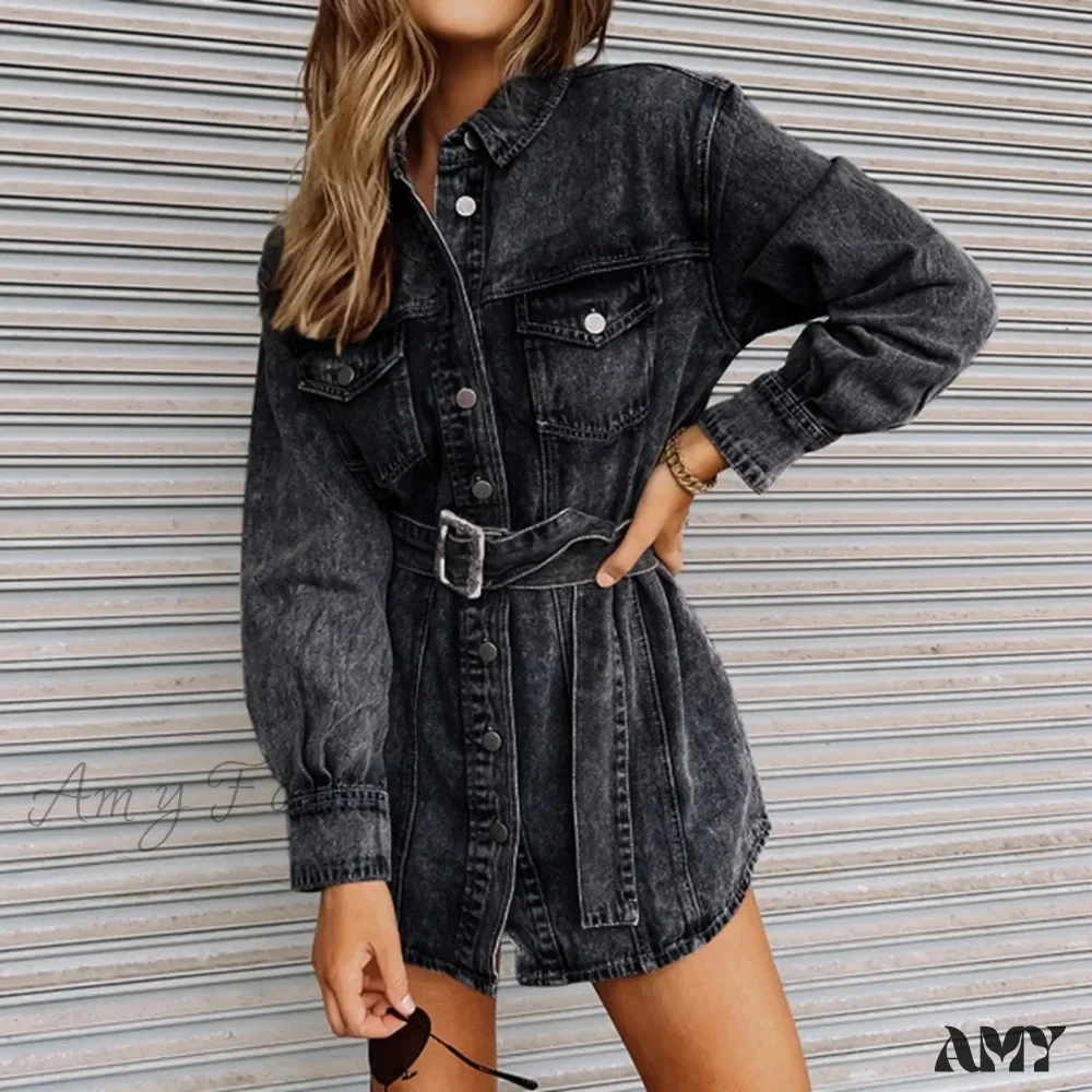 Fashionable Slim Mid-Cuff Belted Denim Office Spring Casual Long-Sleeve Women's Dress