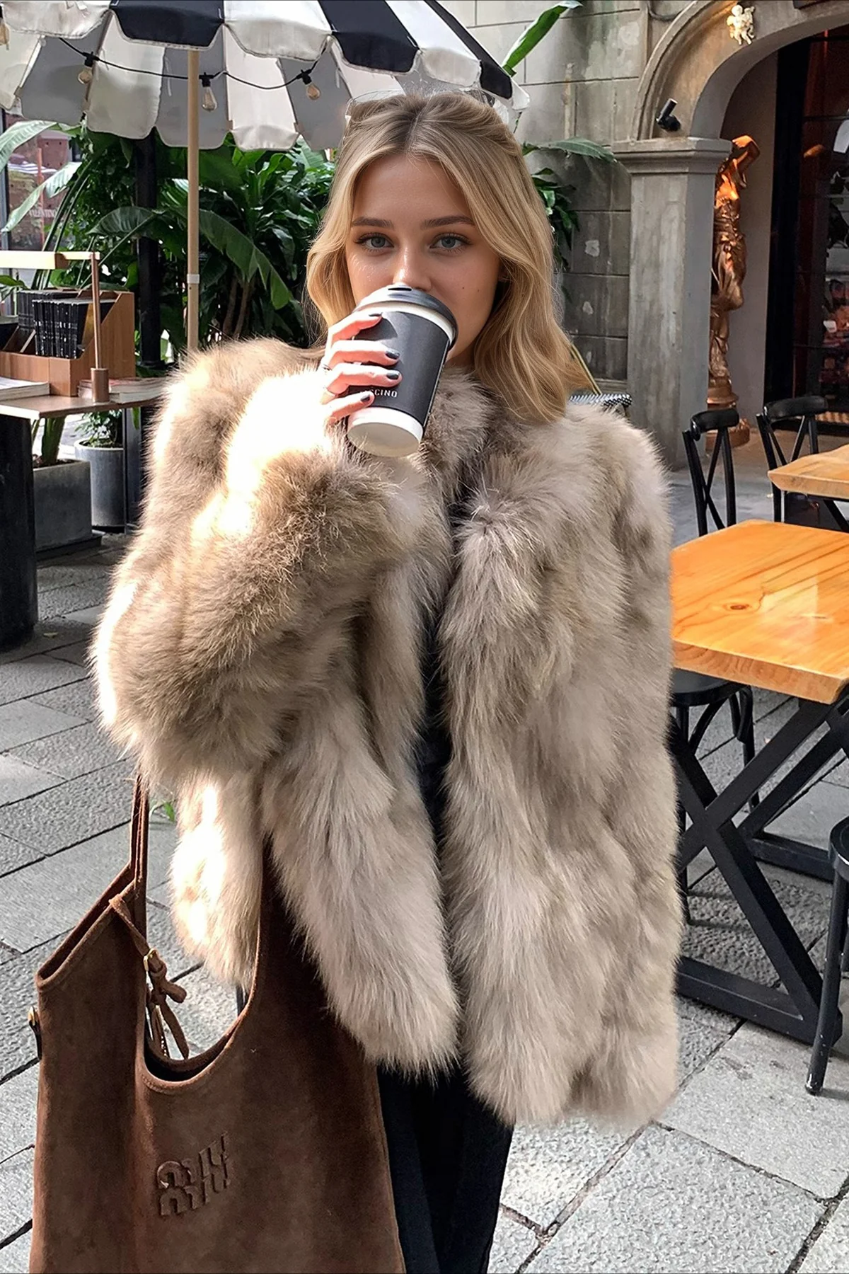 Faux Fox Fur Stand Collar Short Fluffy Warm Coat - Image 2
