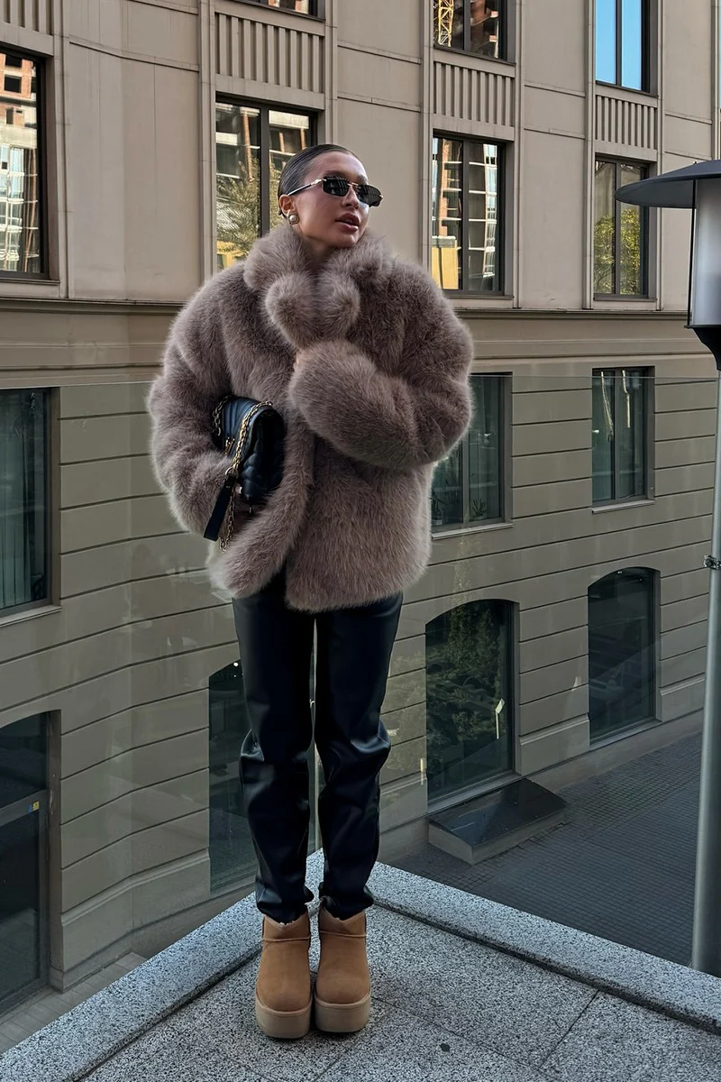 Faux Fox Fur Wide Collar Loose Warm Winter Coat - Image 5