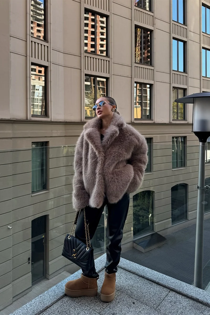 Faux Fox Fur Wide Collar Loose Warm Winter Coat - Image 6