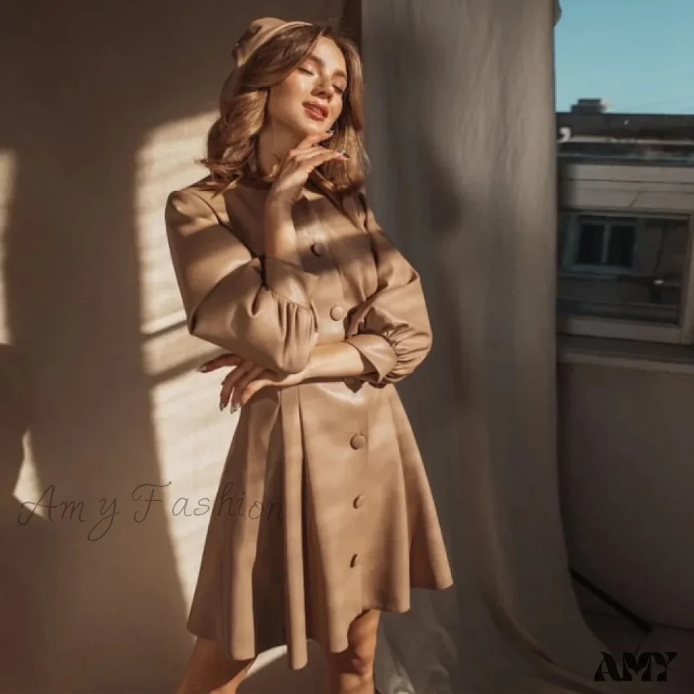 Amy Fashion - Single Breasted O Neck PU Leather Dresses - Image 3