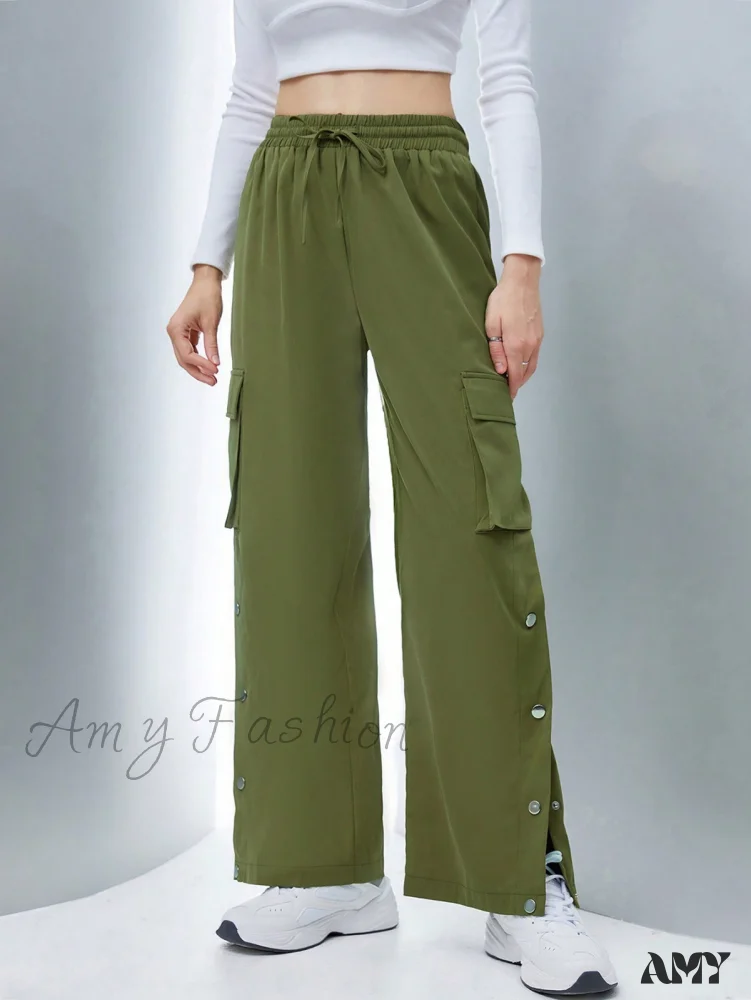 Amy Fashion - Flap Pocket Side Drawstring Waist Button Hem Cargo Pants