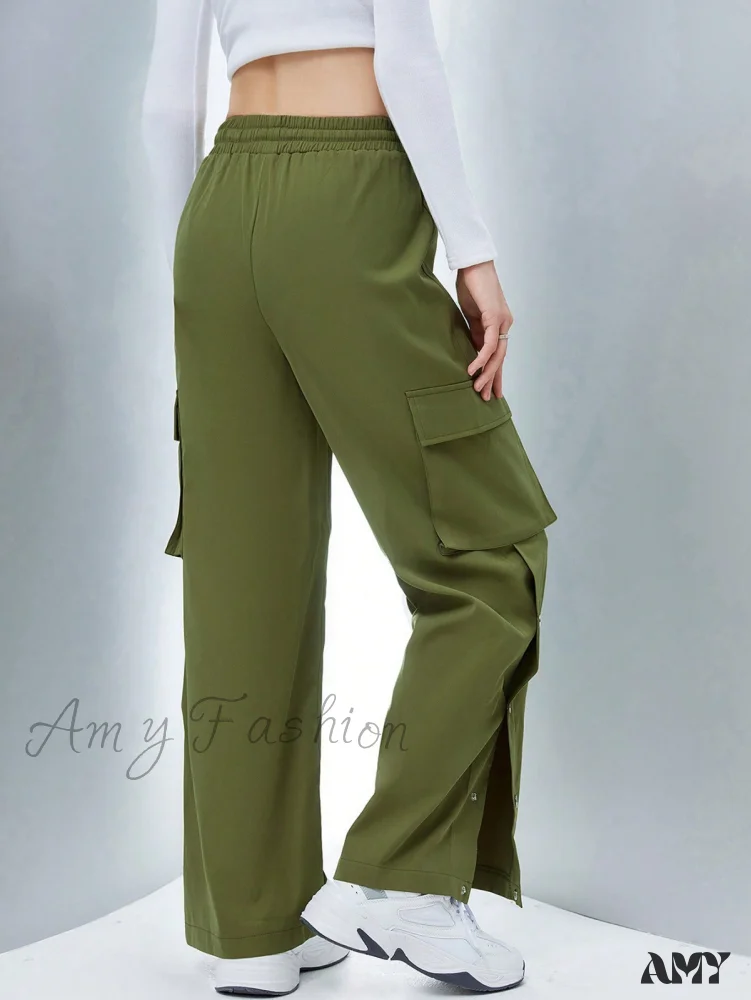 Amy Fashion - Flap Pocket Side Drawstring Waist Button Hem Cargo Pants - Image 2