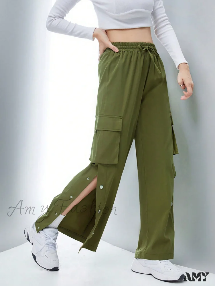 Amy Fashion - Flap Pocket Side Drawstring Waist Button Hem Cargo Pants - Image 3