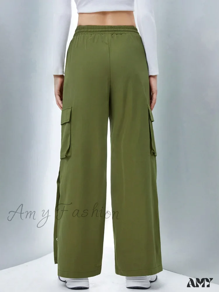 Amy Fashion - Flap Pocket Side Drawstring Waist Button Hem Cargo Pants - Image 4