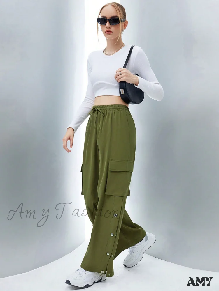 Amy Fashion - Flap Pocket Side Drawstring Waist Button Hem Cargo Pants - Image 5