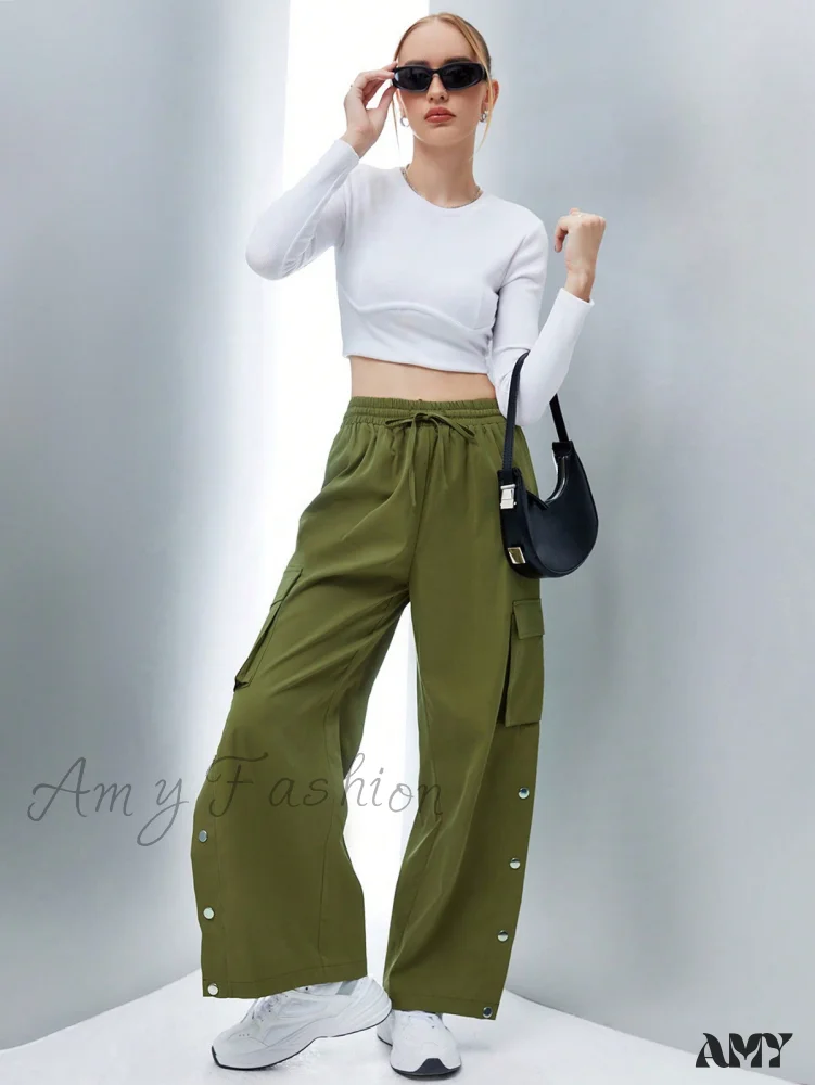 Amy Fashion - Flap Pocket Side Drawstring Waist Button Hem Cargo Pants - Image 6