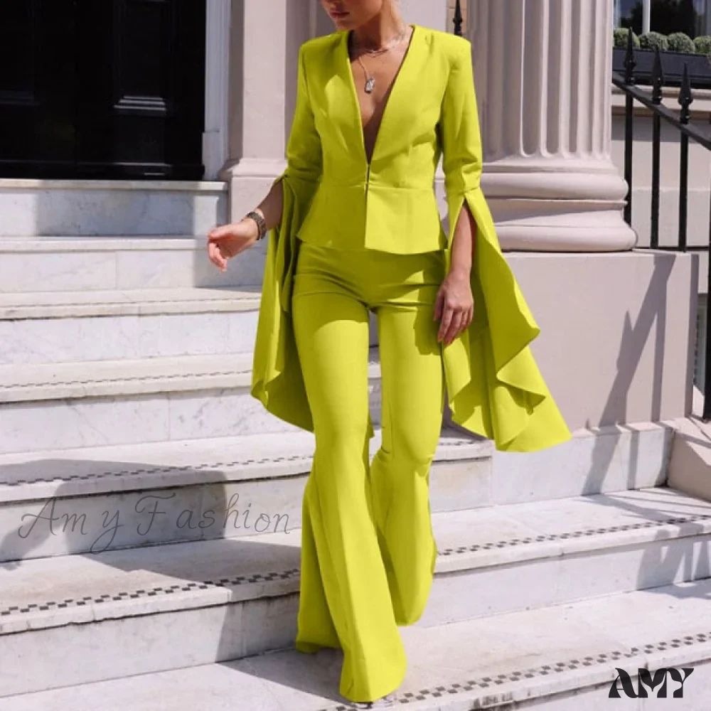 Amy Fashion - V-Neck Solid Colors Flare Pants Suits - Image 3