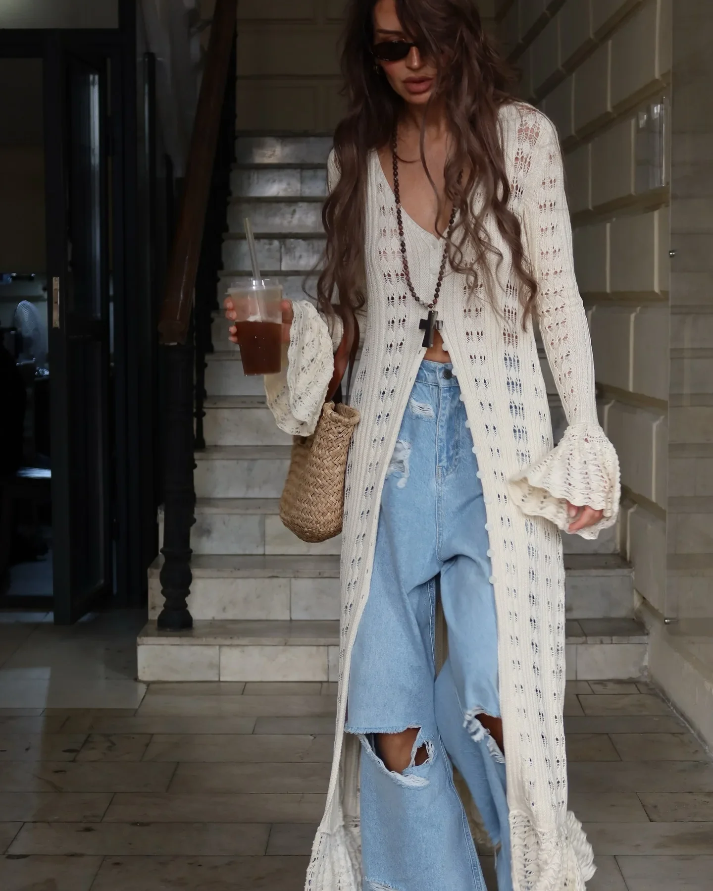 Flare Sleeve Slim Fit V Neck Knitted Boho Dress - Image 4
