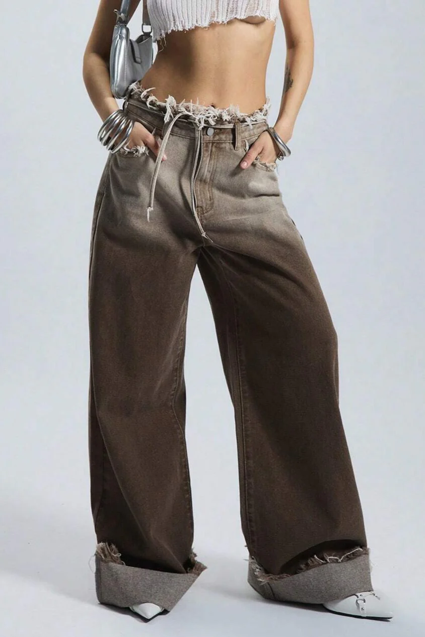 Fleece Gradient Low-Rise Loose Straight Jeans