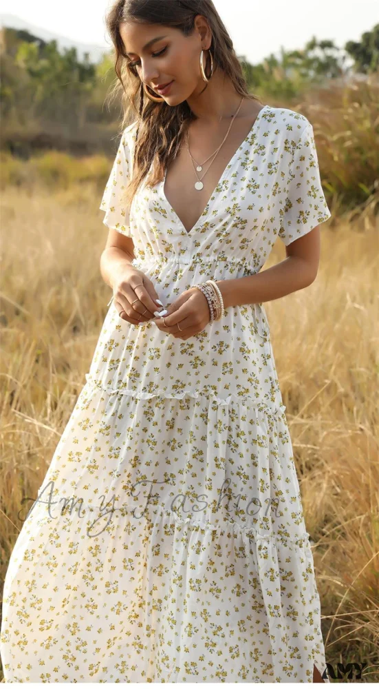 Floral Boho Deep V Neck Dress - Image 3