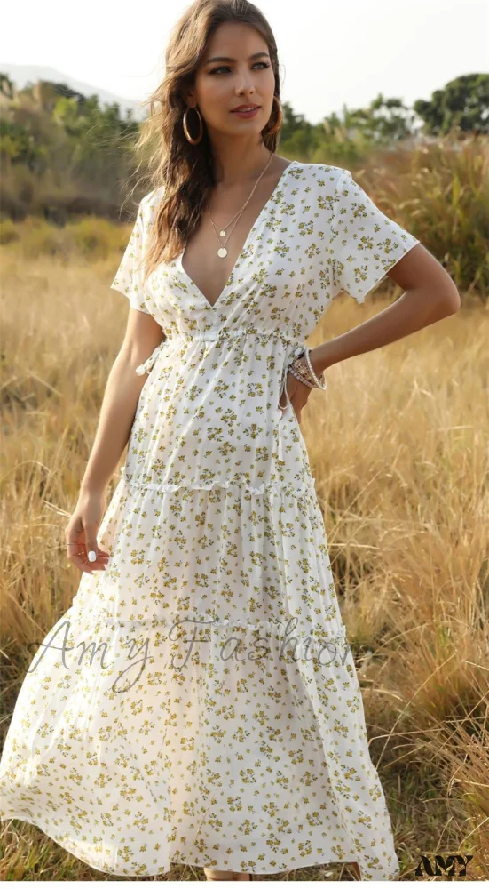Floral Boho Deep V Neck Dress - Image 4
