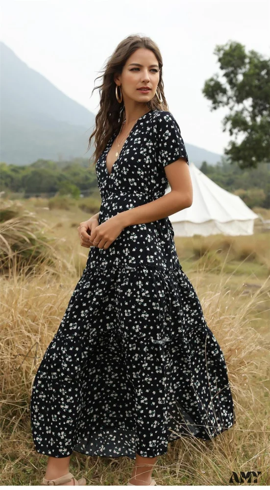 Floral Boho Deep V Neck Dress - Image 6