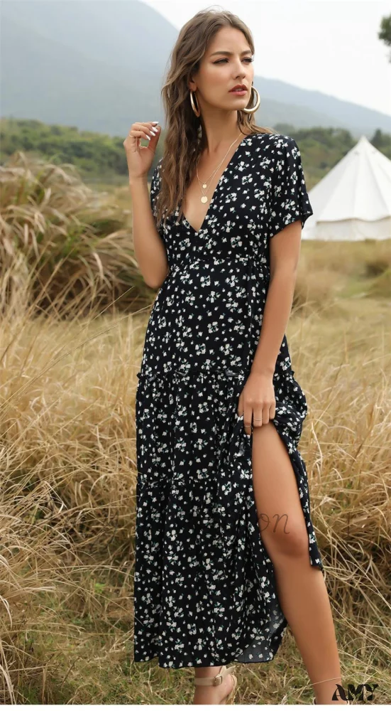 Floral Boho Deep V Neck Dress - Image 7