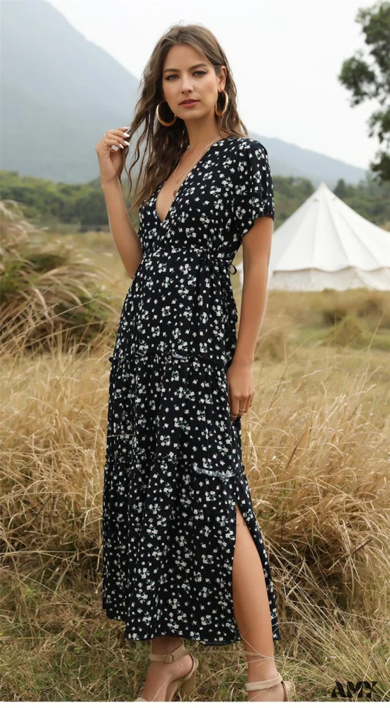 Floral Boho Deep V Neck Dress - Image 8