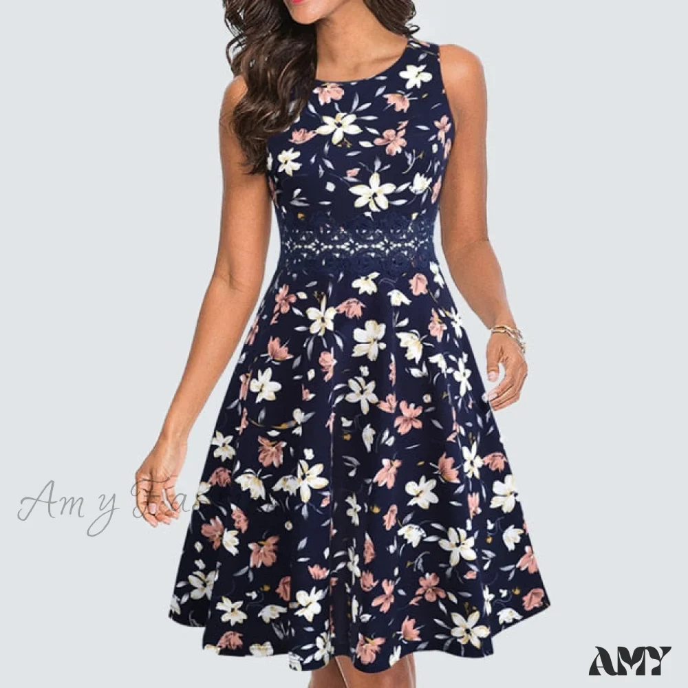 Amy Fashion - Floral Lace Patchwork Sleeveless Tunic Party Swing Dress - Image 2
