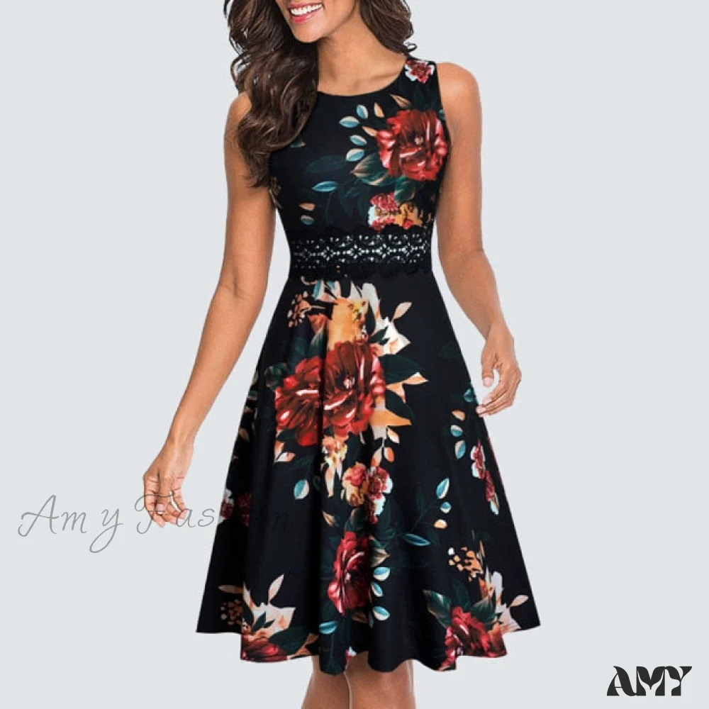 Amy Fashion - Floral Lace Patchwork Sleeveless Tunic Party Swing Dress - Image 27