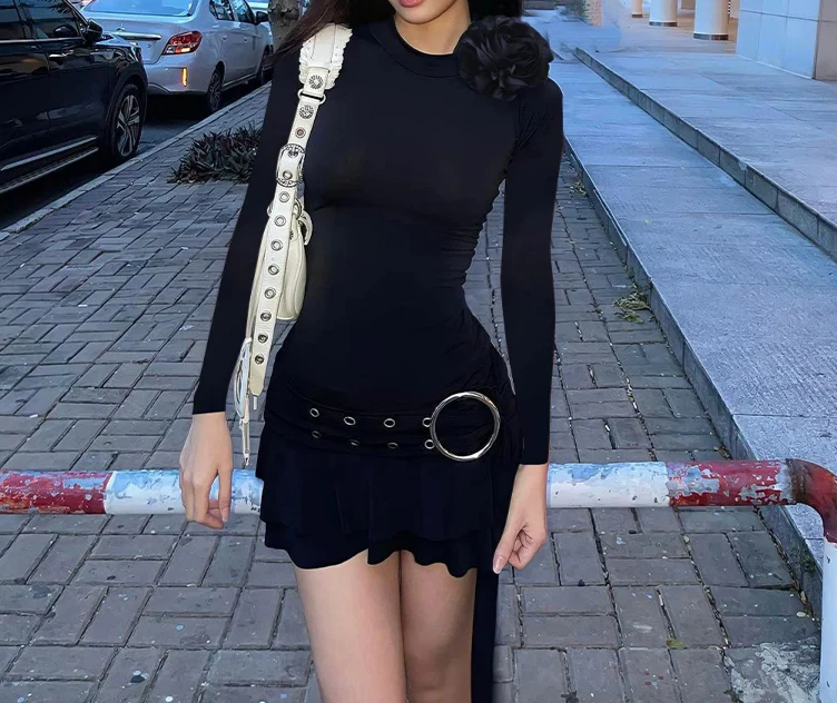 Floral Pleated Belt O Neck Mini Dress