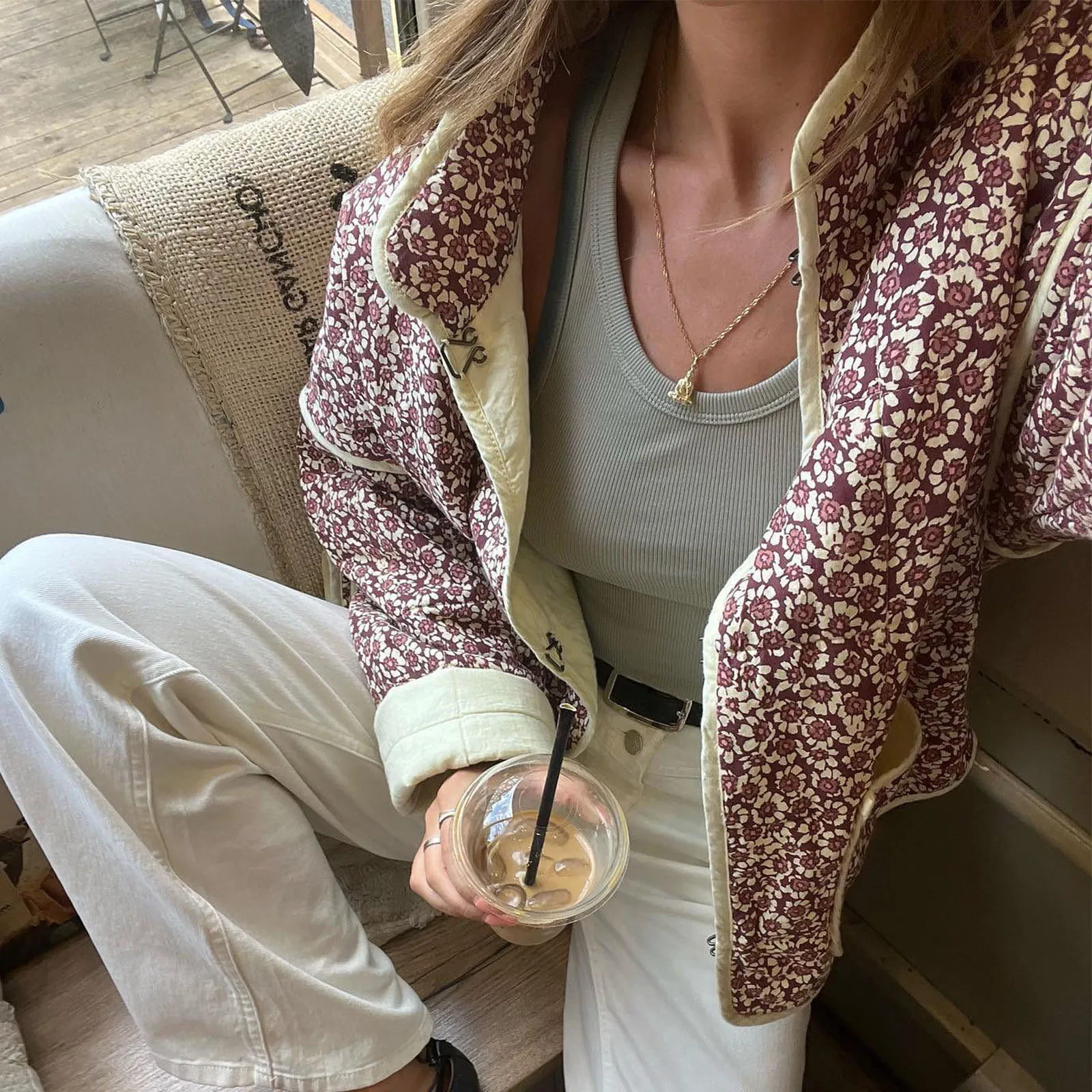 Floral Print Quilted Stand Collar Cardigan - Image 2