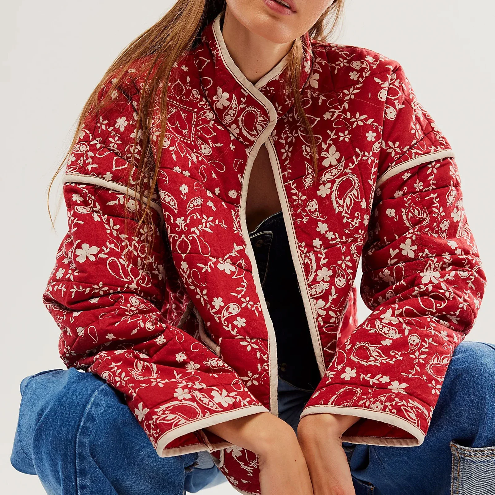Floral Print Quilted Stand Collar Cardigan - Image 5