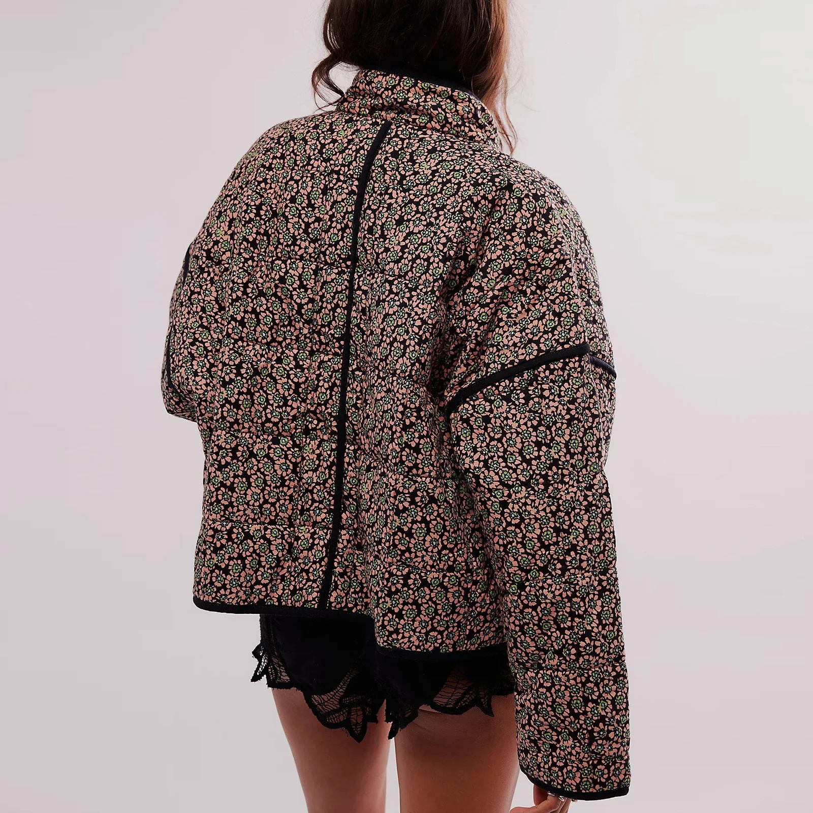 Floral Print Quilted Stand Collar Cardigan - Image 6