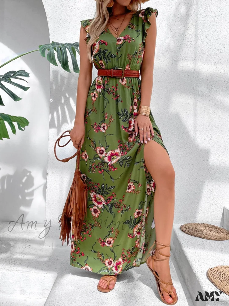 Amy Fashion - Floral Print Ruffle Trim Slit Thigh Dress Without Belt
