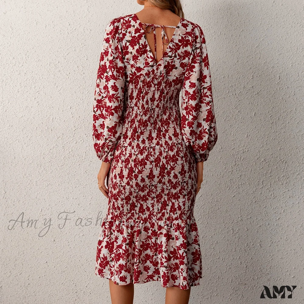 Amy Fashion - Floral Sexy Long Sleeve Bodycon Smocked Dress - Image 6