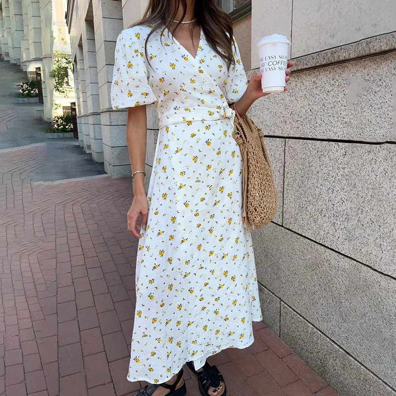 Floral V Neck A Line Slit Midi Dress