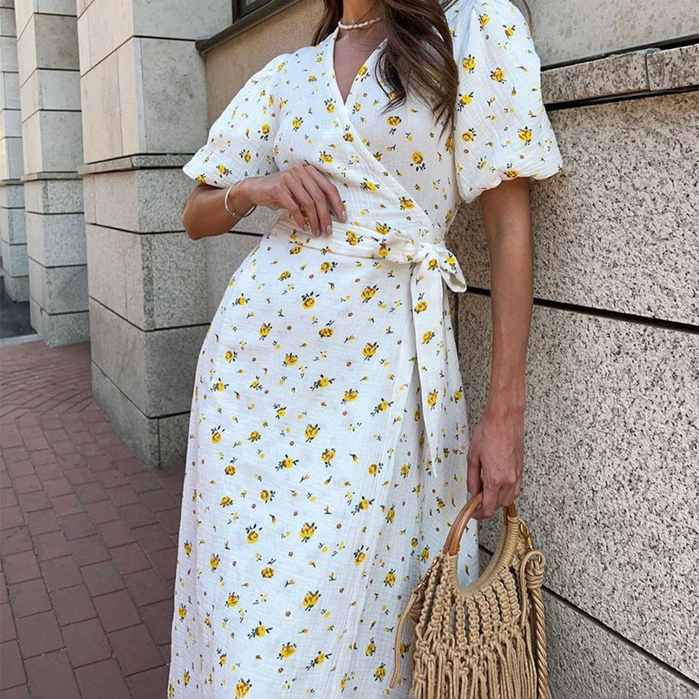 Floral V Neck A Line Slit Midi Dress - Image 2