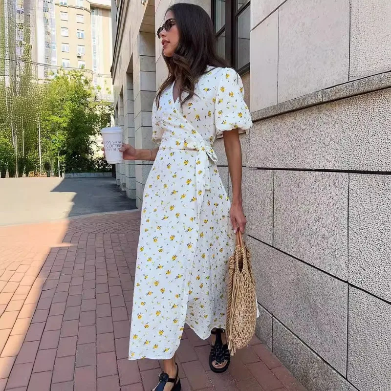 Floral V Neck A Line Slit Midi Dress - Image 3
