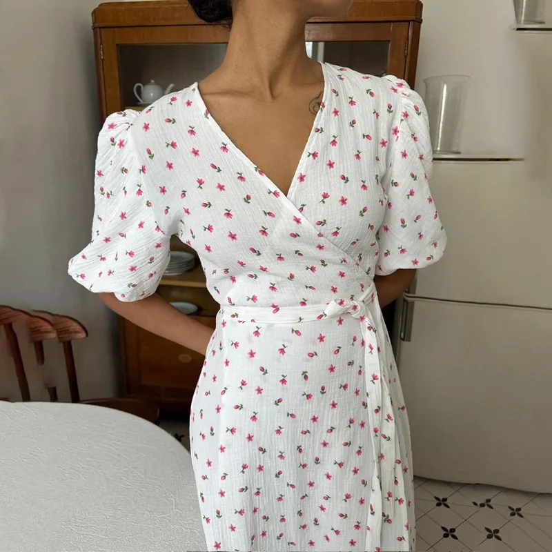 Floral V Neck A Line Slit Midi Dress - Image 4