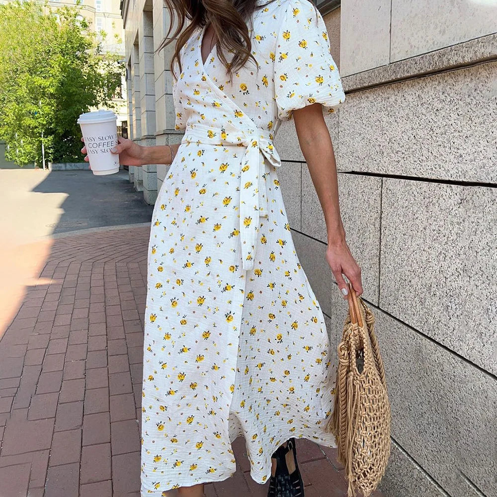 Floral V Neck A Line Slit Midi Dress - Image 5