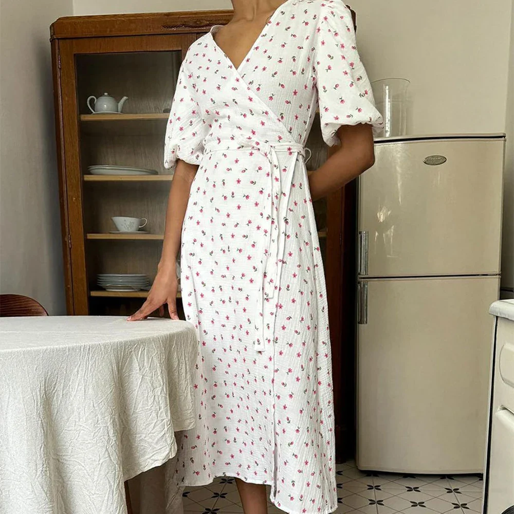 Floral V Neck A Line Slit Midi Dress - Image 6